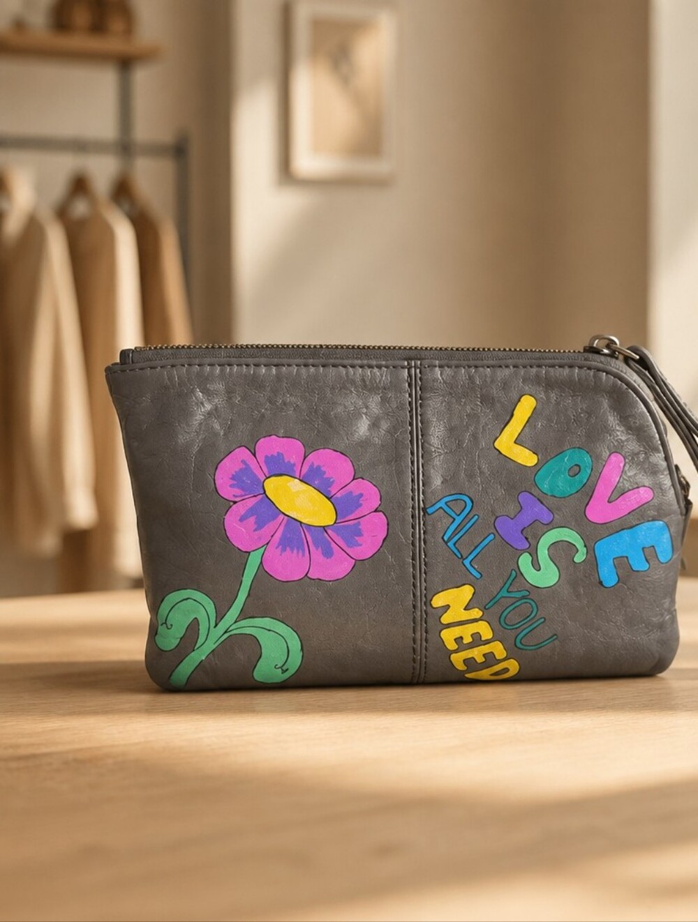 HOBO Gray Wristlet with Colorful Flower and 'LOVE IS ALL YOU NEED' Design